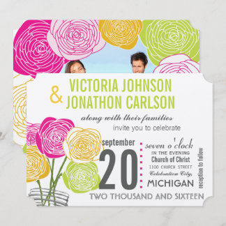 Invitación Fotografía amarilla verde rosa Floral moderna Typo