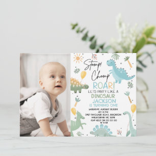 Invitación Fotografía azul Globos Dinosaurios Temático Primer