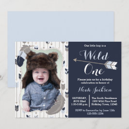 Invitación Fotografía azul salvaje de primer cumpleaños de un