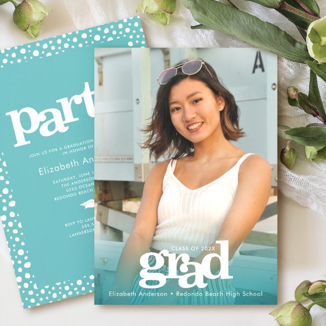 Invitación Fotografía azul turquesa audaz fiesta de grado sim (Subido por el creador)