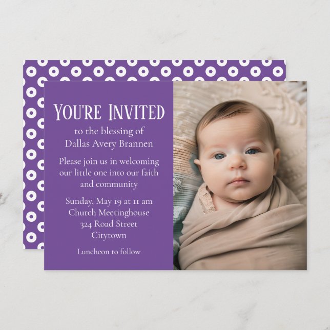 Invitación Fotografía bebe de Polka-dot morado y blanco bendi (Anverso / Reverso)