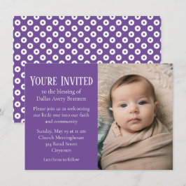 Invitación Fotografía bebe de Polka-dot morado y blanco bendi