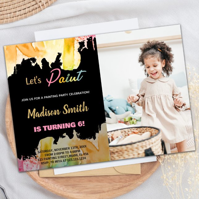 Invitación Fotografía Black Let's Paint Birthday Invitation (Photo Black Let's Paint Birthday Invitations)