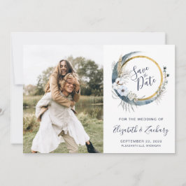 Invitación Fotografía Boho Blue Floral Moon Frame Save the Da