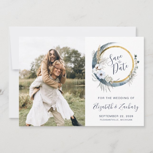 Invitación Fotografía Boho Blue Floral Moon Frame Save the Da (Anverso)