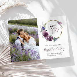 Invitación Fotografía Boho Purple Floral Gold Frame Save the