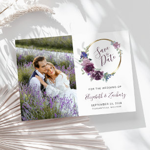 Invitación Fotografía Boho Purple Floral Gold Frame Save the 