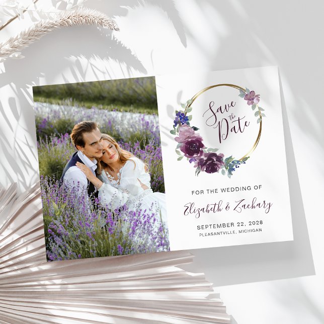 Invitación Fotografía Boho Purple Floral Gold Frame Save the  (Subido por el creador)