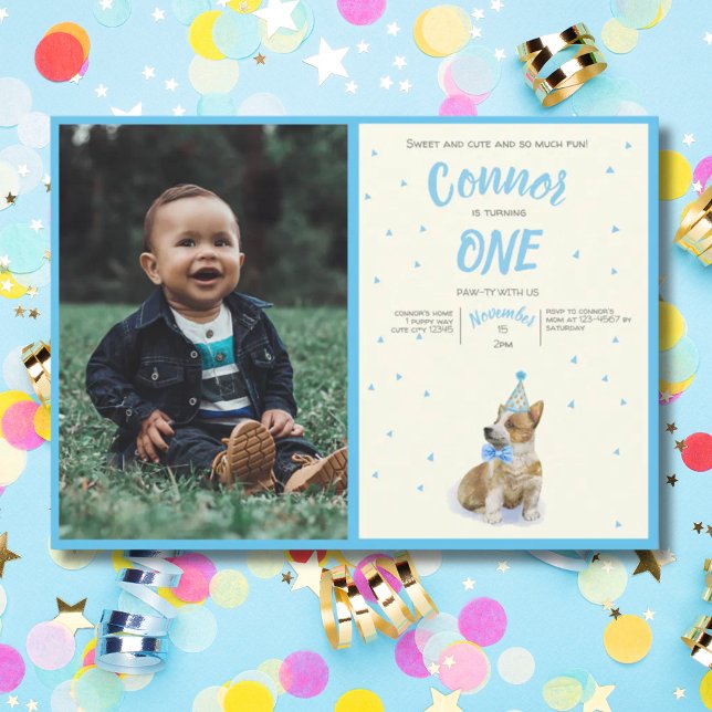 Invitación Fotografía 🐶 Corgi Boys Primer cumpleaños (Puppy 🐶 Corgi Boys First Birthday Party Photo Invitation)