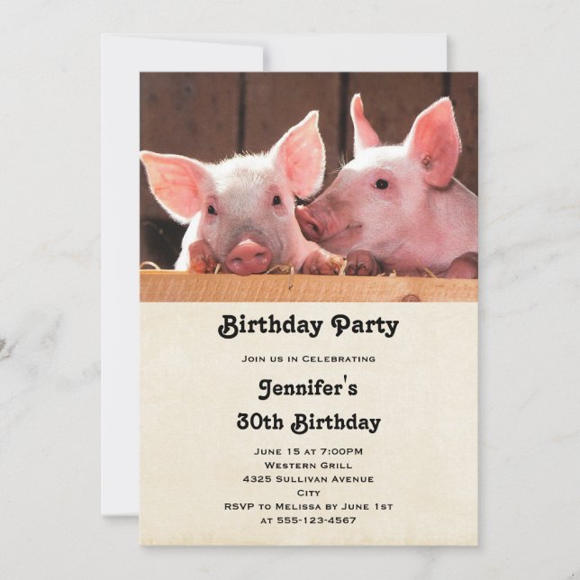 Invitación Fotografía Cumpleaños Cerditos Rosados Adorables (Anverso)