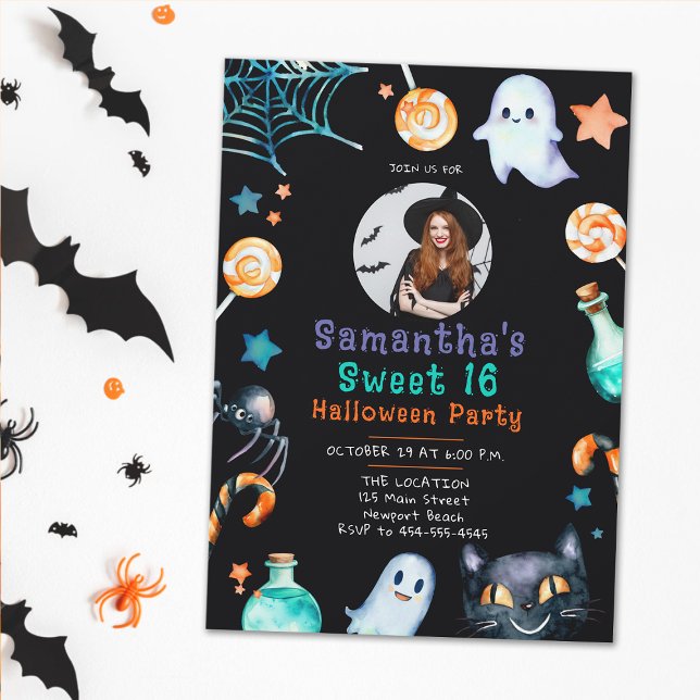 Invitación Fotografía de 16 gradas negras con marco de carame (sweet 16 halloween photo invite for girls black orange candy ghosts fun elegant cute sweet girly )
