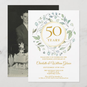 Invitación Fotografía de 50 Aniversario Verde Laurel Dorado