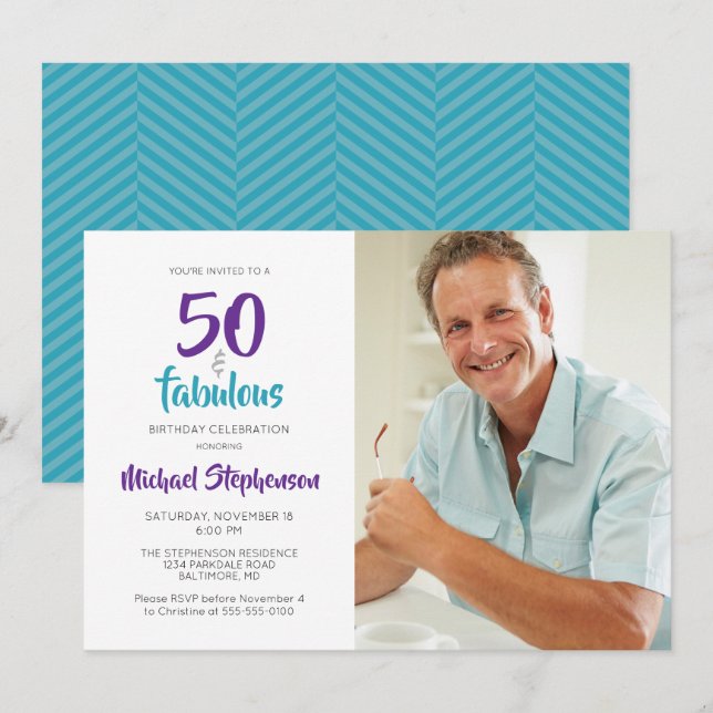 Invitación Fotografía de 50 años y fabuloso cumpleaños número (Anverso / Reverso)