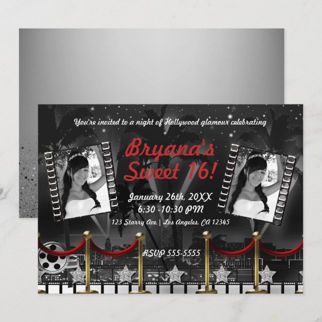 Invitación Fotografía de alfombra roja de Hollywood Black Whi (Anverso / Reverso)