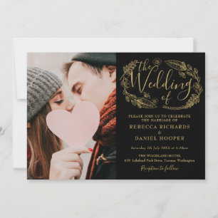 Invitación Fotografía de boda con guión de follaje negro y do