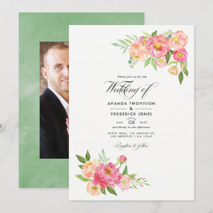 Invitación Fotografía de boda con peonías acuarela de primave