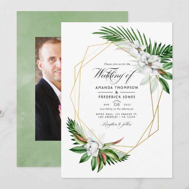 Invitación Fotografía de boda geométrica de vegetación tropic (Anverso / Reverso)