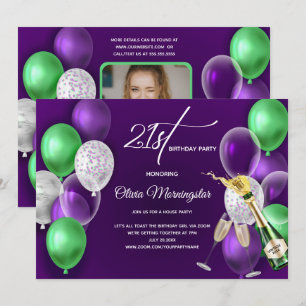 Invitación Fotografía de cumpleaños 21 de Purple Balloons