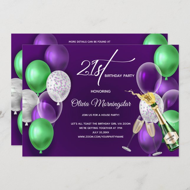 Invitación Fotografía de cumpleaños 21 de Purple Balloons (Anverso / Reverso)