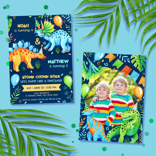 Invitación Fotografía de cumpleaños de los chicos de la doble (Dinosaur Joint Boys Birthday Party Photo Invitation)