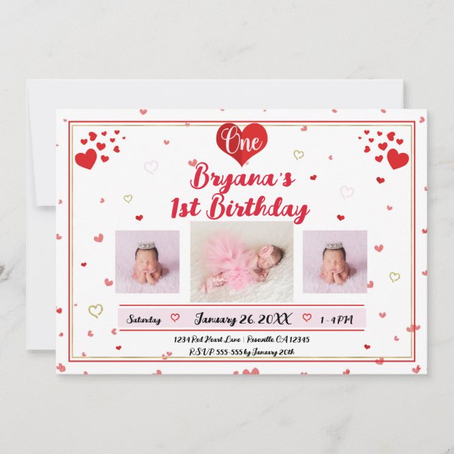 Invitación Fotografía de cumpleaños de San Valentín Cumpleaño (Anverso)