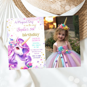 Invitación Fotografía de cumpleaños de Unicornio púrpura past