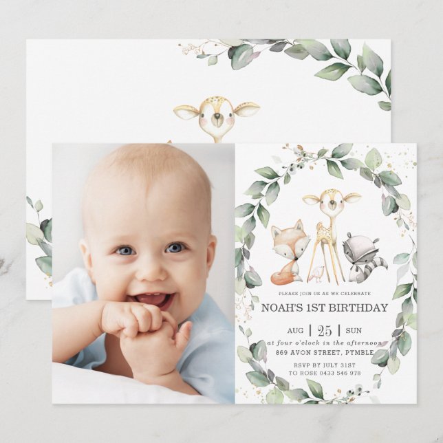 Invitación Fotografía de cumpleaños de Woodland Animals Rusti (Anverso / Reverso)