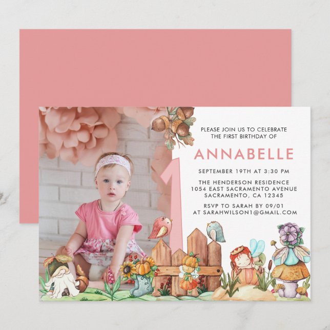 Invitación Fotografía de cumpleaños del bosque de hadas (Anverso / Reverso)
