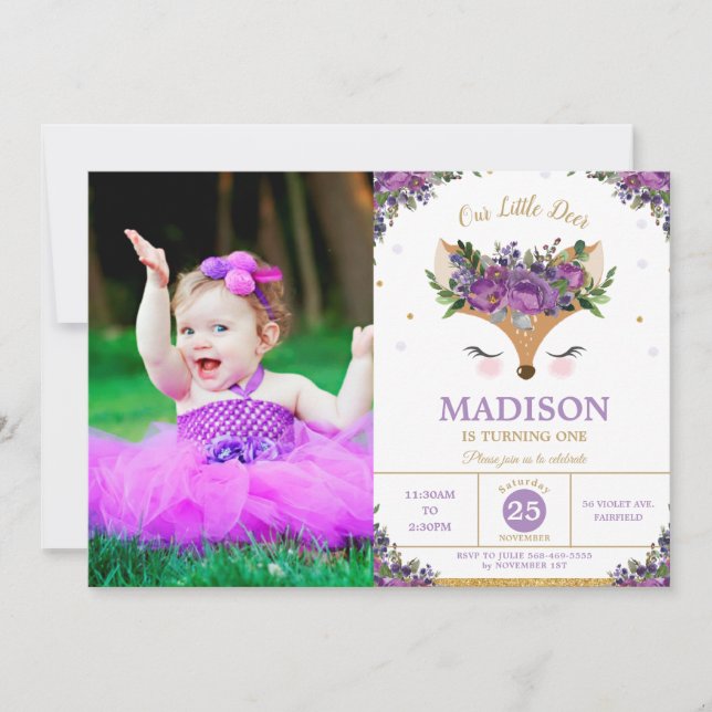 Invitación Fotografía de Deer Purple Floral Woodland Birthday (Anverso)