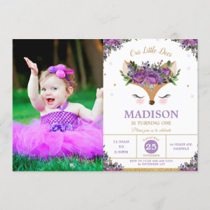 Invitación Fotografía de Deer Purple Floral Woodland Birthday