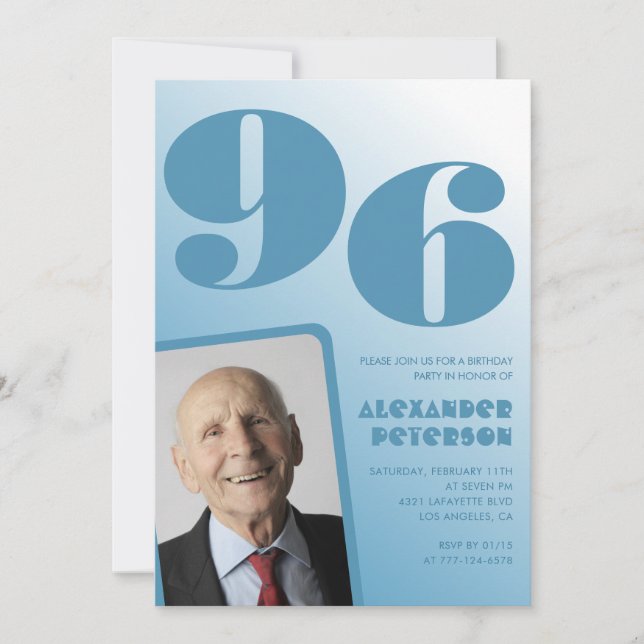 Invitación Fotografía de degradado azul retro Hombres 96 años (Anverso)