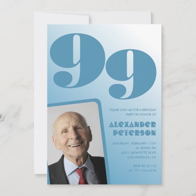 Invitación Fotografía de degradado azul retro Hombres 99 años (Anverso)
