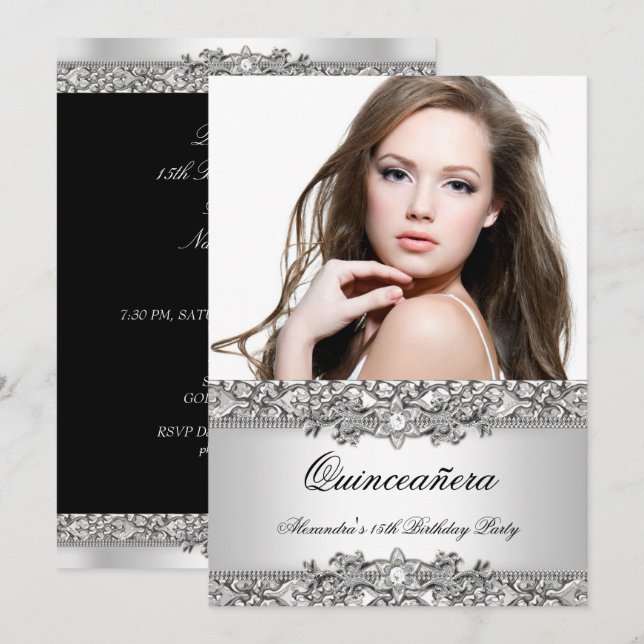 Invitación Fotografía de Diamante Blanco Elegante De Quincean (Anverso / Reverso)