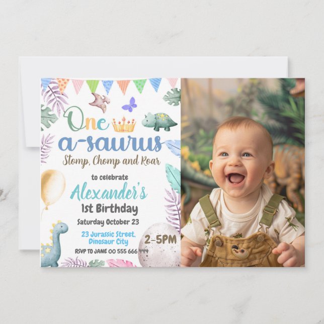 Invitación Fotografía de Dinosaurio Primer cumpleaños Fiesta  (Anverso)