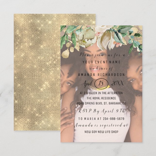Invitación Fotografía de ducha de novia Flores de oro Wreath  (Anverso / Reverso)