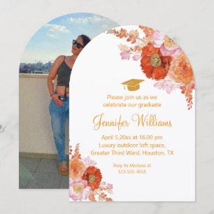 Invitación fotografía de fiesta de graduación floral naranja