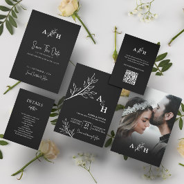 Invitación Fotografía de follaje de monograma elegante y negr