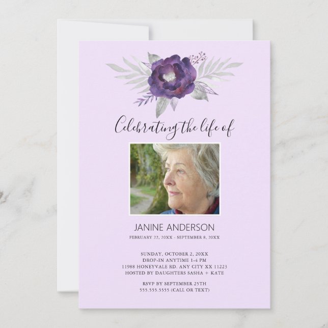 Invitación Fotografía de la celebración de la vida morada flo (Anverso)