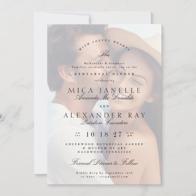 Invitación Fotografía de la cena de ensayo formal en blanco n (Anverso)