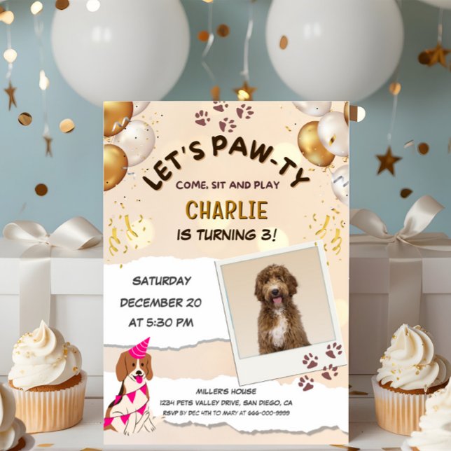 Invitación Fotografía de la fiesta de cumpleaños del perro co (Lets pawty pets birthday invitation)