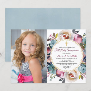 Invitación Fotografía de la Marina Azul Borgoña Primera Comun