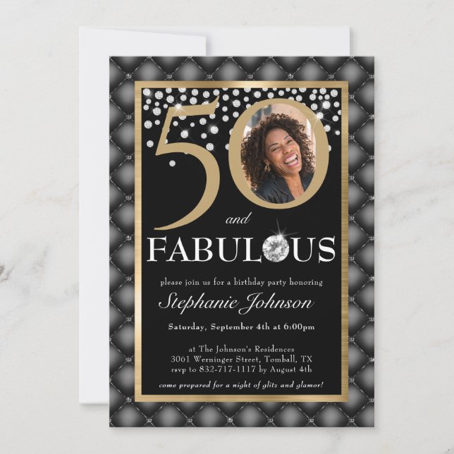 Invitación Fotografía de la Moda de los diamantes de oro negr (Anverso)