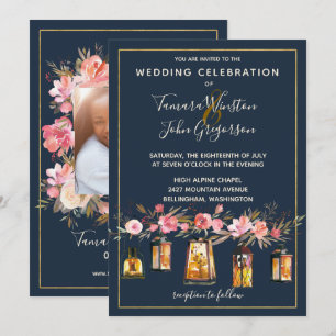 Invitación Fotografía de las cadenas florales de Boho Navy y