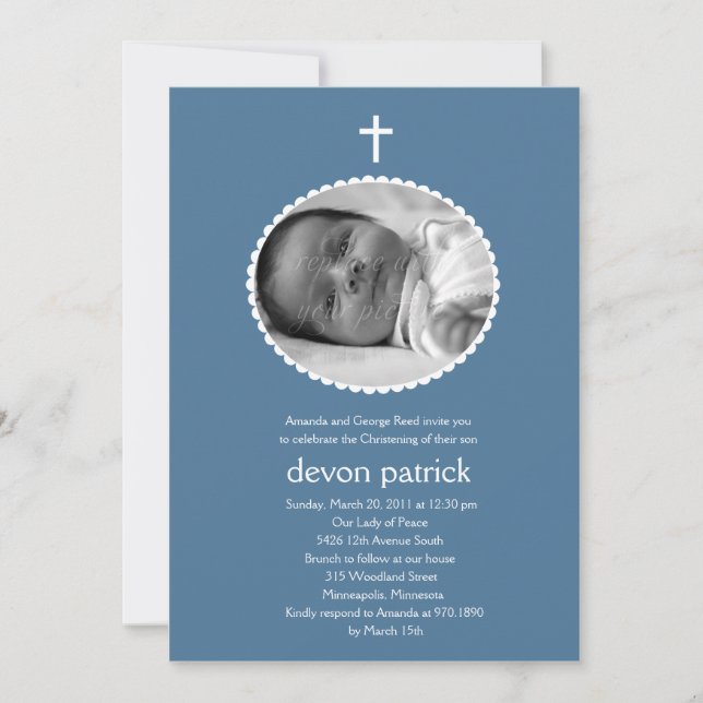 Invitación Fotografía de marco en vieira Bautismo/Christening (Anverso)