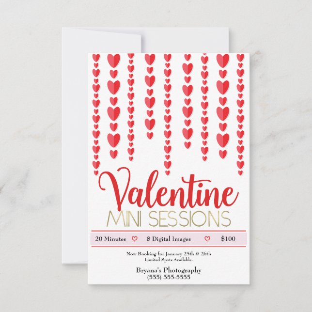 Invitación Fotografía de Mini Sesiones de Corazones Rojos de  (Anverso)