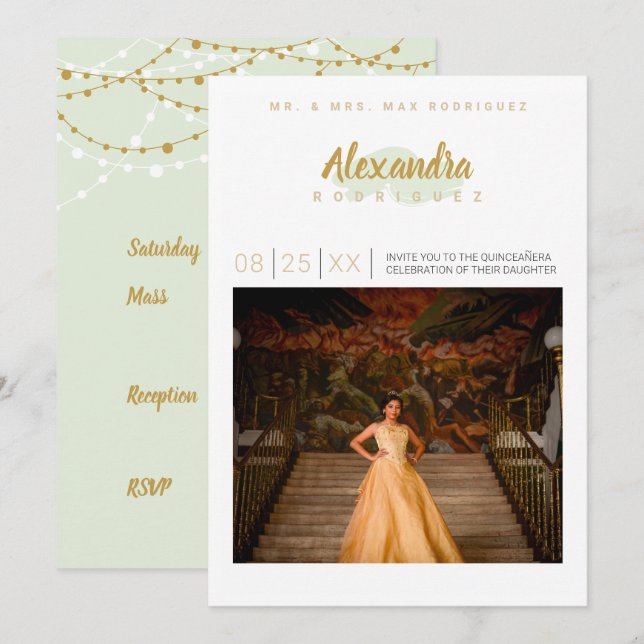 Invitación Fotografía de Mint Green y Gold Quinceanera (Anverso / Reverso)