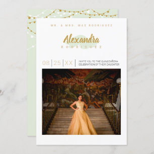 Invitación Fotografía de Mint Green y Gold Quinceanera