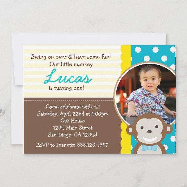 Invitación Fotografía de Mod Monkey Primer cumpleaños Invitac (Anverso)