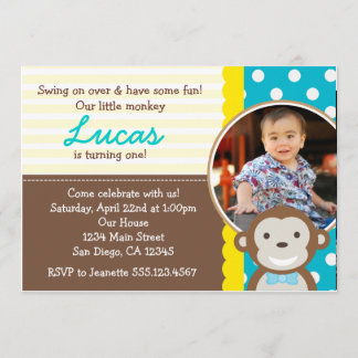 Invitación Fotografía de Mod Monkey Primer cumpleaños Invitac