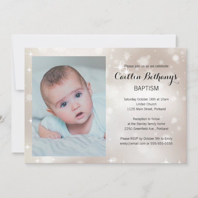 Invitación Fotografía de oro Esparkle Baptism Christening (Anverso)